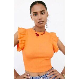 Zara Top Sz M Orange Ribbed Tiered Ruffled Cap Short Sleeve Cropped Stretchy